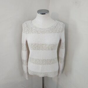 Ann Taylor LOFT Womens Medium Beige Ivory Striped Textured Open Knit Sweater